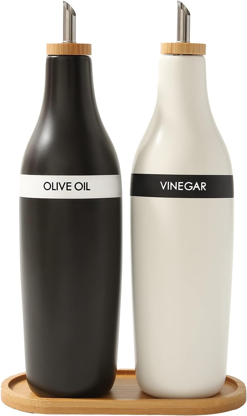 HOMCDALY Ceramic Olive Oil Dispenser for Kitchen, Stoneware 16oz Oil Cruet and Vinegar Bottles Dispenser, Kitchen Dispenser Bottle for EVOO Vinegar Syrups, Modern Farmhouse Design(W-O)