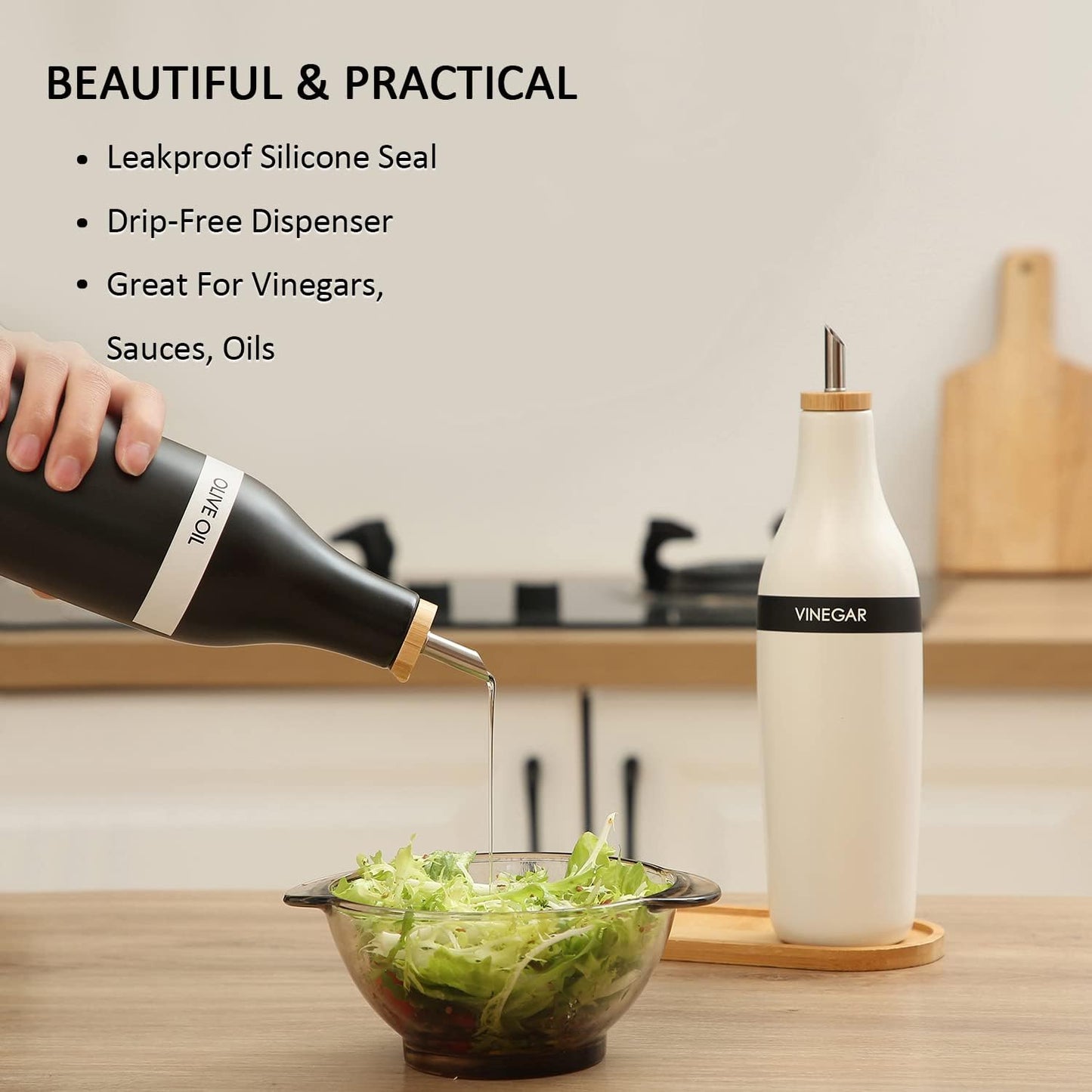 HOMCDALY Ceramic Olive Oil Dispenser for Kitchen, Stoneware 16oz Oil Cruet and Vinegar Bottles Dispenser, Kitchen Dispenser Bottle for EVOO Vinegar Syrups, Modern Farmhouse Design(W-O)