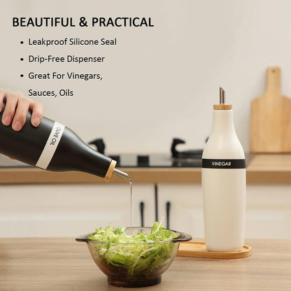 HOMCDALY Ceramic Olive Oil Dispenser for Kitchen, Stoneware 16oz Oil Cruet and Vinegar Bottles Dispenser, Kitchen Dispenser Bottle for EVOO Vinegar Syrups, Modern Farmhouse Design(W-O)