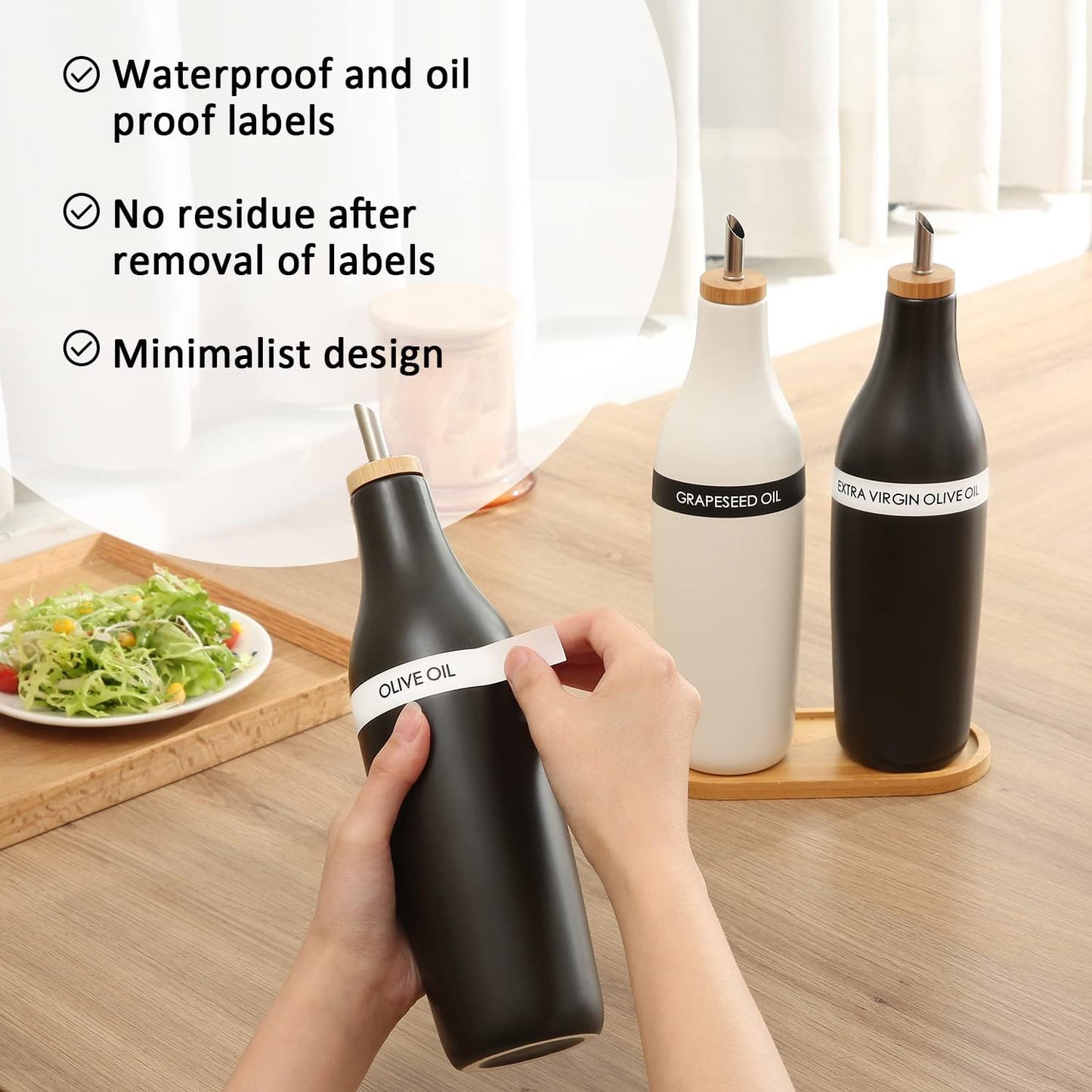 HOMCDALY Ceramic Olive Oil Dispenser for Kitchen, Stoneware 16oz Oil Cruet and Vinegar Bottles Dispenser, Kitchen Dispenser Bottle for EVOO Vinegar Syrups, Modern Farmhouse Design(W-O)