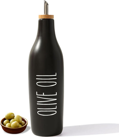 HOMCDALY Ceramic Olive Oil Dispenser for Kitchen, Stoneware 16oz Oil Cruet and Vinegar Bottles Dispenser, Kitchen Dispenser Bottle for EVOO Vinegar Syrups, Modern Farmhouse Design(W-O)