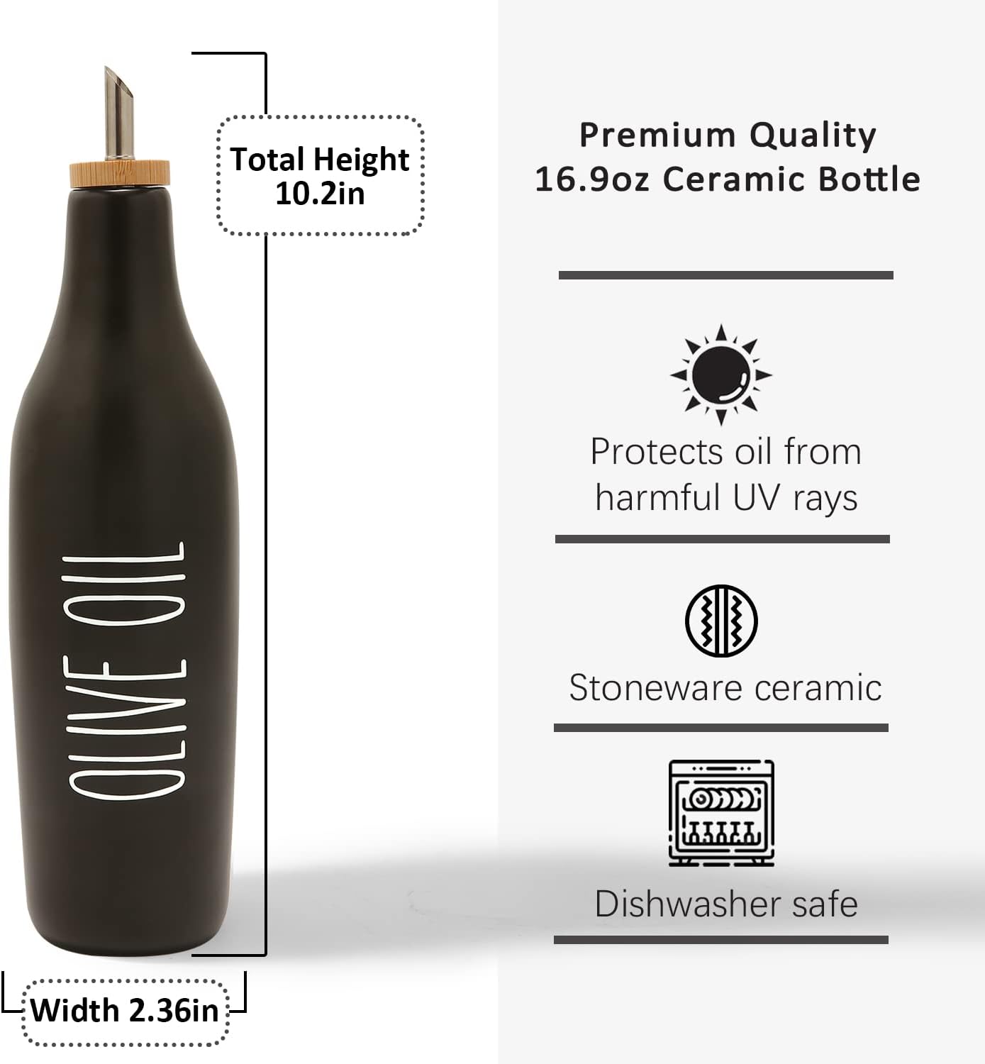 HOMCDALY Ceramic Olive Oil Dispenser for Kitchen, Stoneware 16oz Oil Cruet and Vinegar Bottles Dispenser, Kitchen Dispenser Bottle for EVOO Vinegar Syrups, Modern Farmhouse Design(W-O)