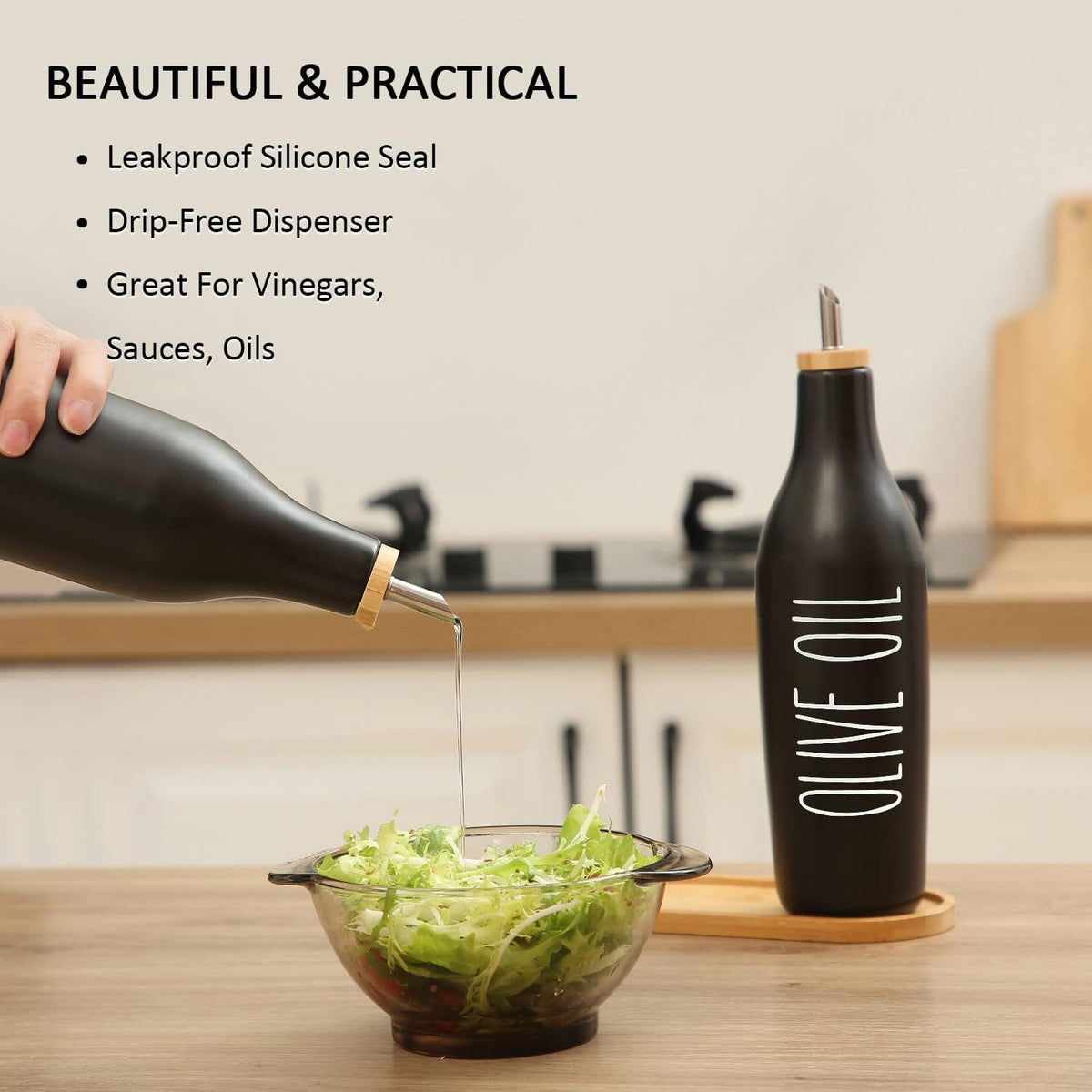 HOMCDALY Ceramic Olive Oil Dispenser for Kitchen, Stoneware 16oz Oil Cruet and Vinegar Bottles Dispenser, Kitchen Dispenser Bottle for EVOO Vinegar Syrups, Modern Farmhouse Design(W-O)