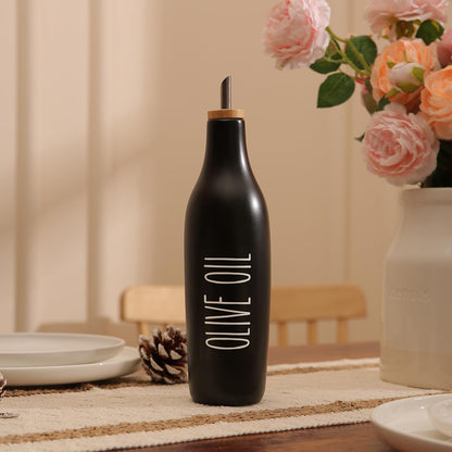 HOMCDALY Ceramic Olive Oil Dispenser for Kitchen, Stoneware 16oz Oil Cruet and Vinegar Bottles Dispenser, Kitchen Dispenser Bottle for EVOO Vinegar Syrups, Modern Farmhouse Design(W-O)
