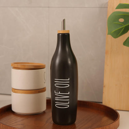 HOMCDALY Ceramic Olive Oil Dispenser for Kitchen, Stoneware 16oz Oil Cruet and Vinegar Bottles Dispenser, Kitchen Dispenser Bottle for EVOO Vinegar Syrups, Modern Farmhouse Design(W-O)