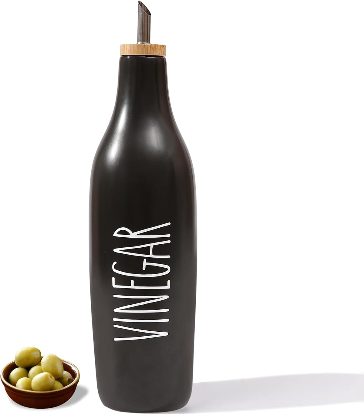 HOMCDALY Ceramic Olive Oil Dispenser for Kitchen, Stoneware 16oz Oil Cruet and Vinegar Bottles Dispenser, Kitchen Dispenser Bottle for EVOO Vinegar Syrups, Modern Farmhouse Design(W-O)