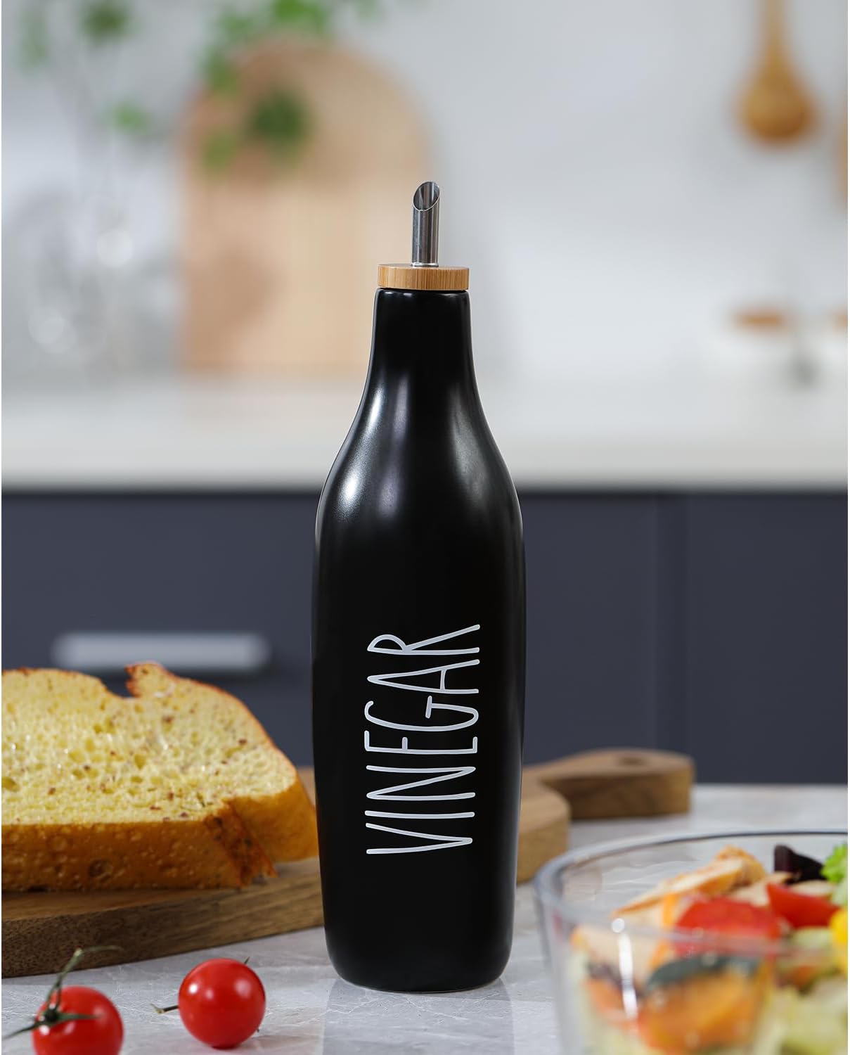 HOMCDALY Ceramic Olive Oil Dispenser for Kitchen, Stoneware 16oz Oil Cruet and Vinegar Bottles Dispenser, Kitchen Dispenser Bottle for EVOO Vinegar Syrups, Modern Farmhouse Design(W-O)
