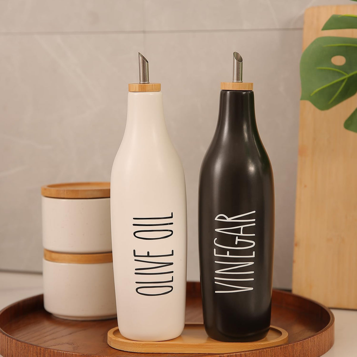 HOMCDALY Ceramic Olive Oil Dispenser for Kitchen, Stoneware 16oz Oil Cruet and Vinegar Bottles Dispenser, Kitchen Dispenser Bottle for EVOO Vinegar Syrups, Modern Farmhouse Design(W-O)