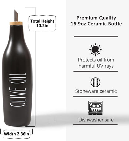 HOMCDALY Ceramic Olive Oil Dispenser for Kitchen, Stoneware 16oz Oil Cruet and Vinegar Bottles Dispenser, Kitchen Dispenser Bottle for EVOO Vinegar Syrups, Modern Farmhouse Design(W-O)