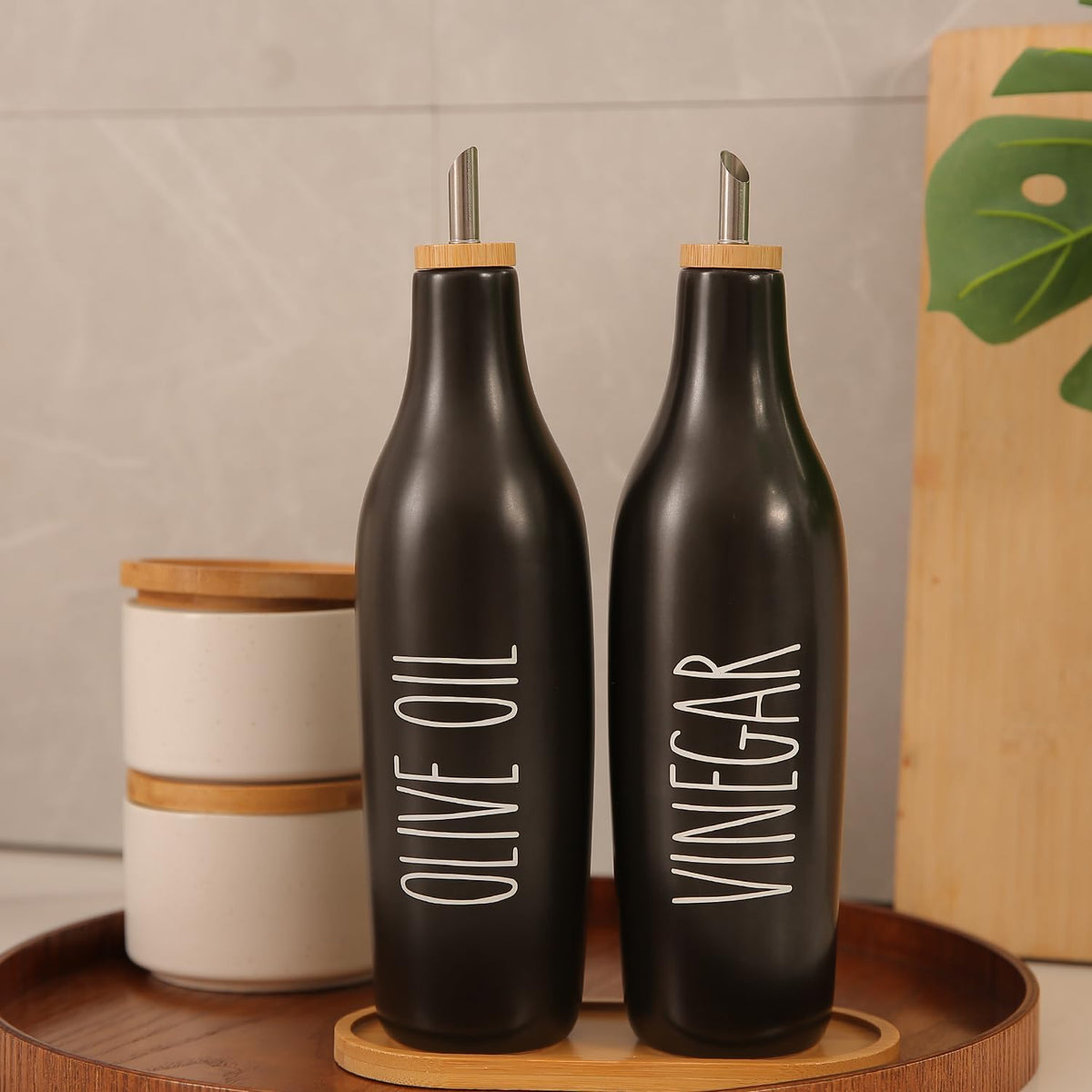 HOMCDALY Ceramic Olive Oil Dispenser for Kitchen, Stoneware 16oz Oil Cruet and Vinegar Bottles Dispenser, Kitchen Dispenser Bottle for EVOO Vinegar Syrups, Modern Farmhouse Design(W-O)