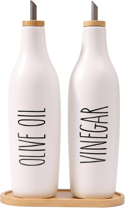 HOMCDALY Ceramic Olive Oil Dispenser for Kitchen, Stoneware 16oz Oil Cruet and Vinegar Bottles Dispenser, Kitchen Dispenser Bottle for EVOO Vinegar Syrups, Modern Farmhouse Design(W-O)