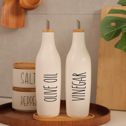 HOMCDALY Ceramic Olive Oil Dispenser for Kitchen, Stoneware 16oz Oil Cruet and Vinegar Bottles Dispenser, Kitchen Dispenser Bottle for EVOO Vinegar Syrups, Modern Farmhouse Design(W-O)