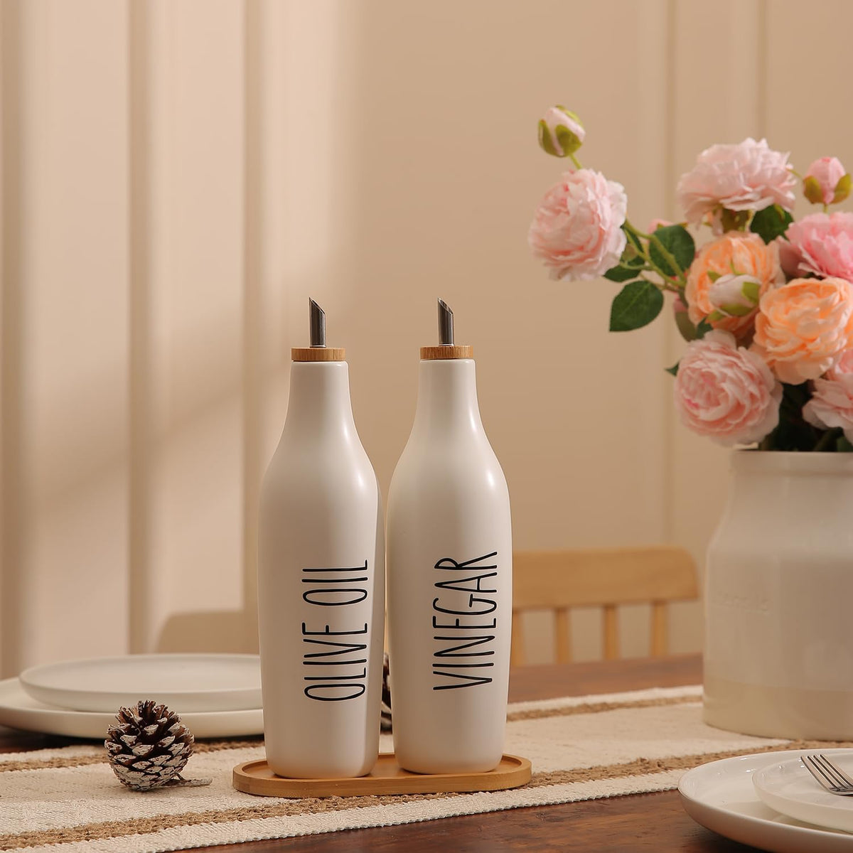 HOMCDALY Ceramic Olive Oil Dispenser for Kitchen, Stoneware 16oz Oil Cruet and Vinegar Bottles Dispenser, Kitchen Dispenser Bottle for EVOO Vinegar Syrups, Modern Farmhouse Design(W-O)