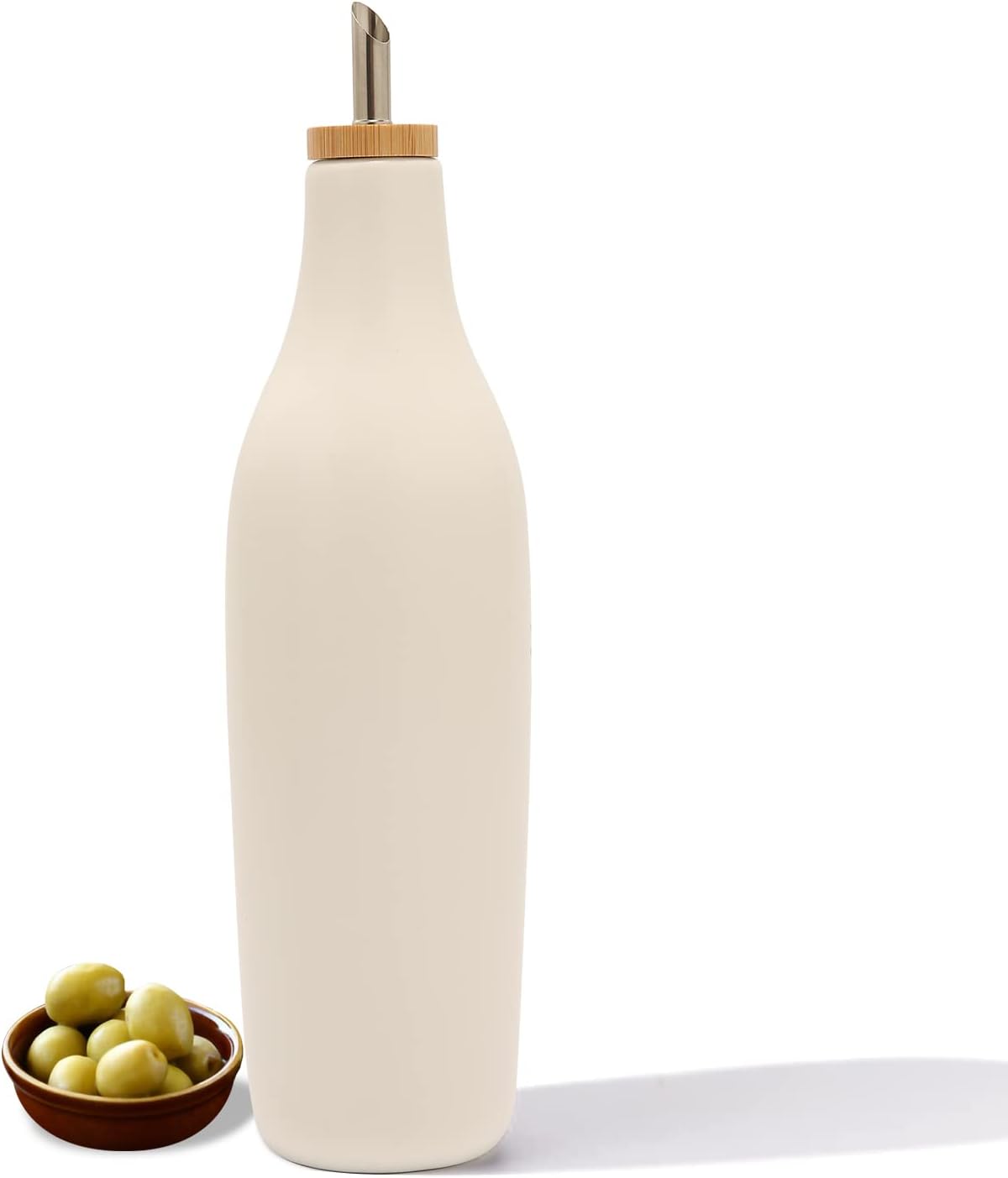 HOMCDALY Ceramic Olive Oil Dispenser for Kitchen, Stoneware 16oz Oil Cruet and Vinegar Bottles Dispenser, Kitchen Dispenser Bottle for EVOO Vinegar Syrups, Modern Farmhouse Design(W-O)