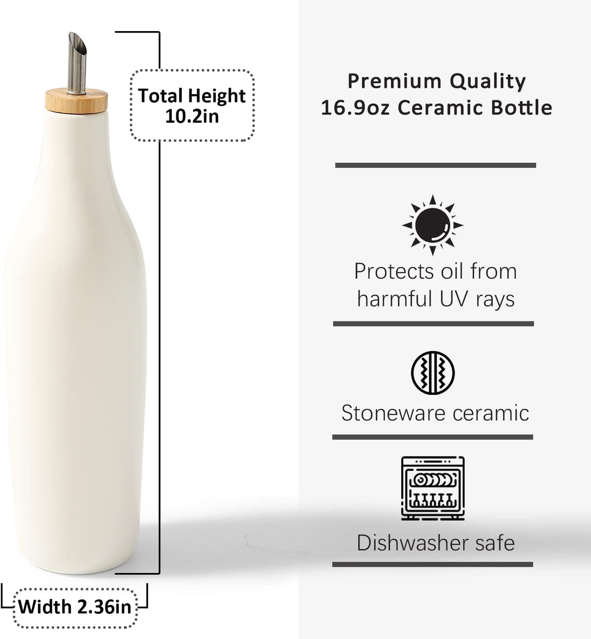 HOMCDALY Ceramic Olive Oil Dispenser for Kitchen, Stoneware 16oz Oil Cruet and Vinegar Bottles Dispenser, Kitchen Dispenser Bottle for EVOO Vinegar Syrups, Modern Farmhouse Design(W-O)