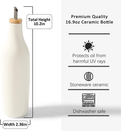 HOMCDALY Ceramic Olive Oil Dispenser for Kitchen, Stoneware 16oz Oil Cruet and Vinegar Bottles Dispenser, Kitchen Dispenser Bottle for EVOO Vinegar Syrups, Modern Farmhouse Design(W-O)