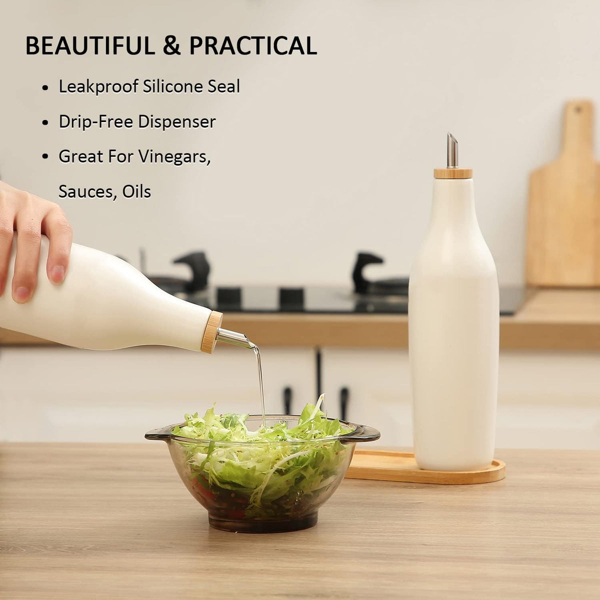 HOMCDALY Ceramic Olive Oil Dispenser for Kitchen, Stoneware 16oz Oil Cruet and Vinegar Bottles Dispenser, Kitchen Dispenser Bottle for EVOO Vinegar Syrups, Modern Farmhouse Design(W-O)