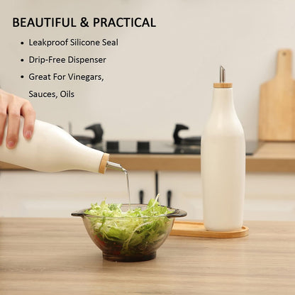HOMCDALY Ceramic Olive Oil Dispenser for Kitchen, Stoneware 16oz Oil Cruet and Vinegar Bottles Dispenser, Kitchen Dispenser Bottle for EVOO Vinegar Syrups, Modern Farmhouse Design(W-O)