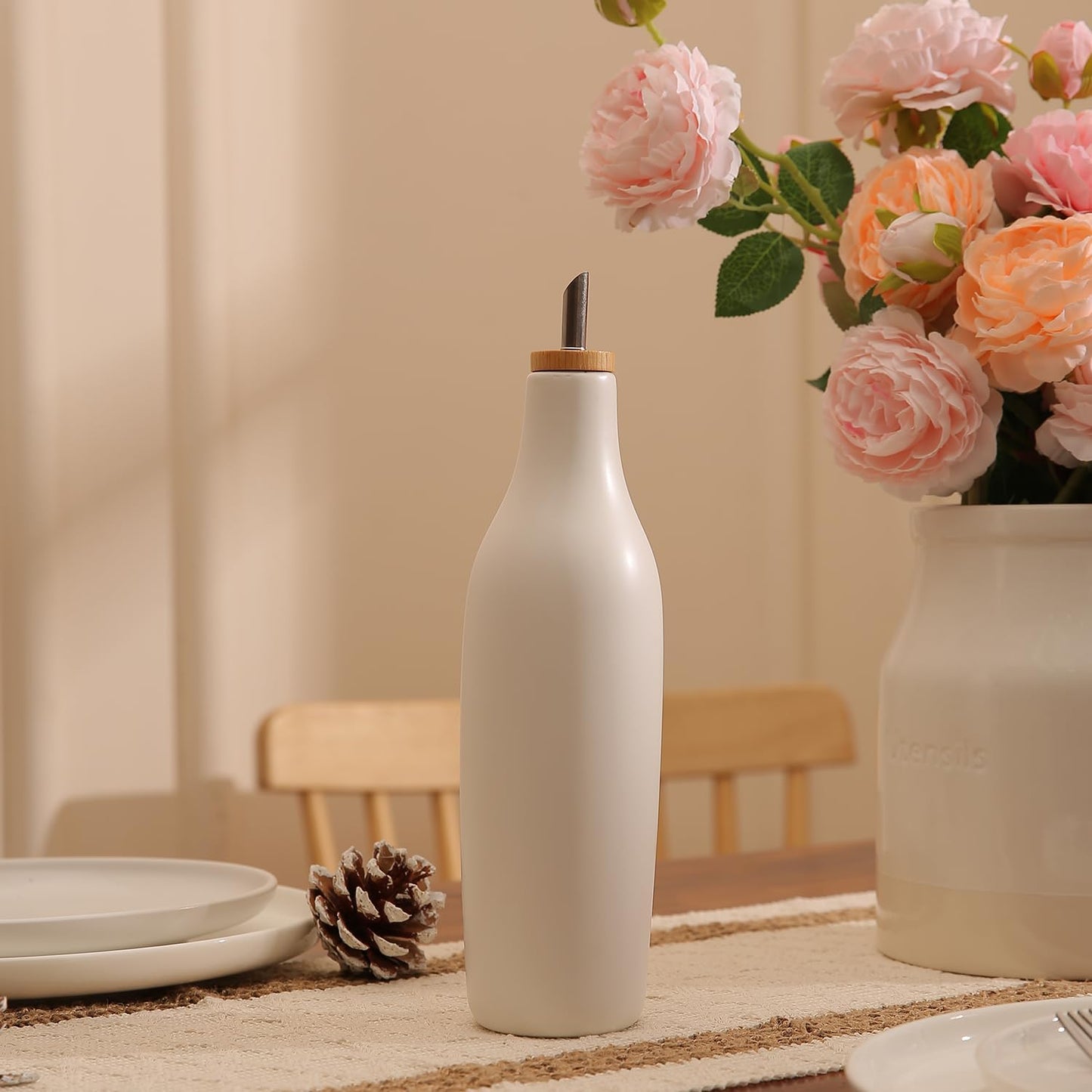 HOMCDALY Ceramic Olive Oil Dispenser for Kitchen, Stoneware 16oz Oil Cruet and Vinegar Bottles Dispenser, Kitchen Dispenser Bottle for EVOO Vinegar Syrups, Modern Farmhouse Design(W-O)
