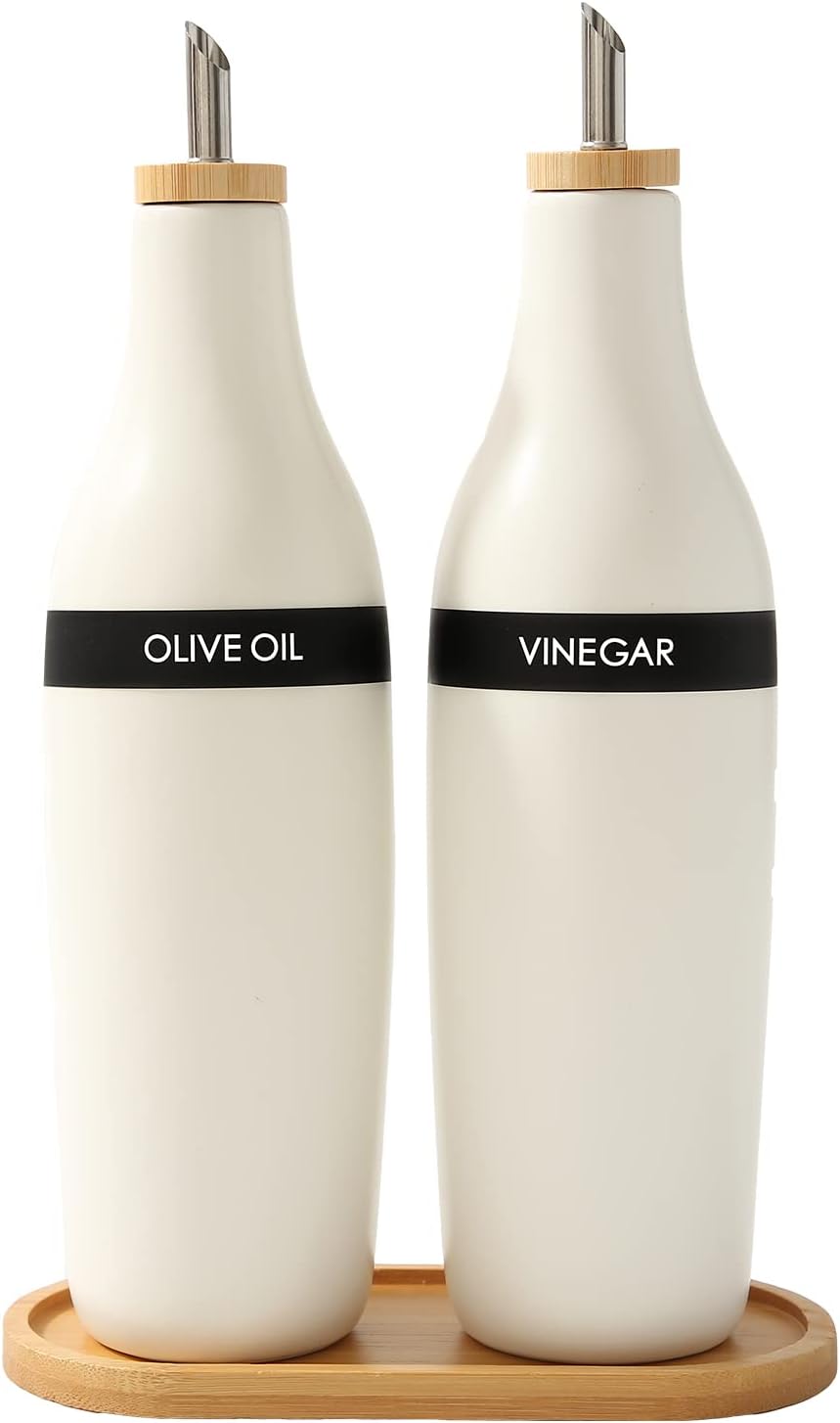 HOMCDALY Ceramic Olive Oil Dispenser for Kitchen, Stoneware 16oz Oil Cruet and Vinegar Bottles Dispenser, Kitchen Dispenser Bottle for EVOO Vinegar Syrups, Modern Farmhouse Design(W-O)