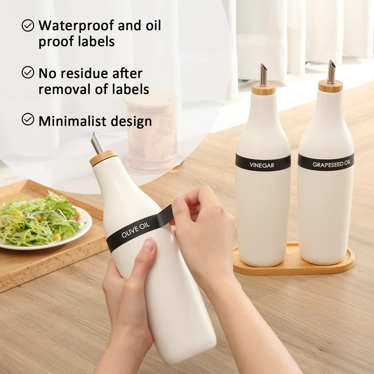 HOMCDALY Ceramic Olive Oil Dispenser for Kitchen, Stoneware 16oz Oil Cruet and Vinegar Bottles Dispenser, Kitchen Dispenser Bottle for EVOO Vinegar Syrups, Modern Farmhouse Design(W-O)