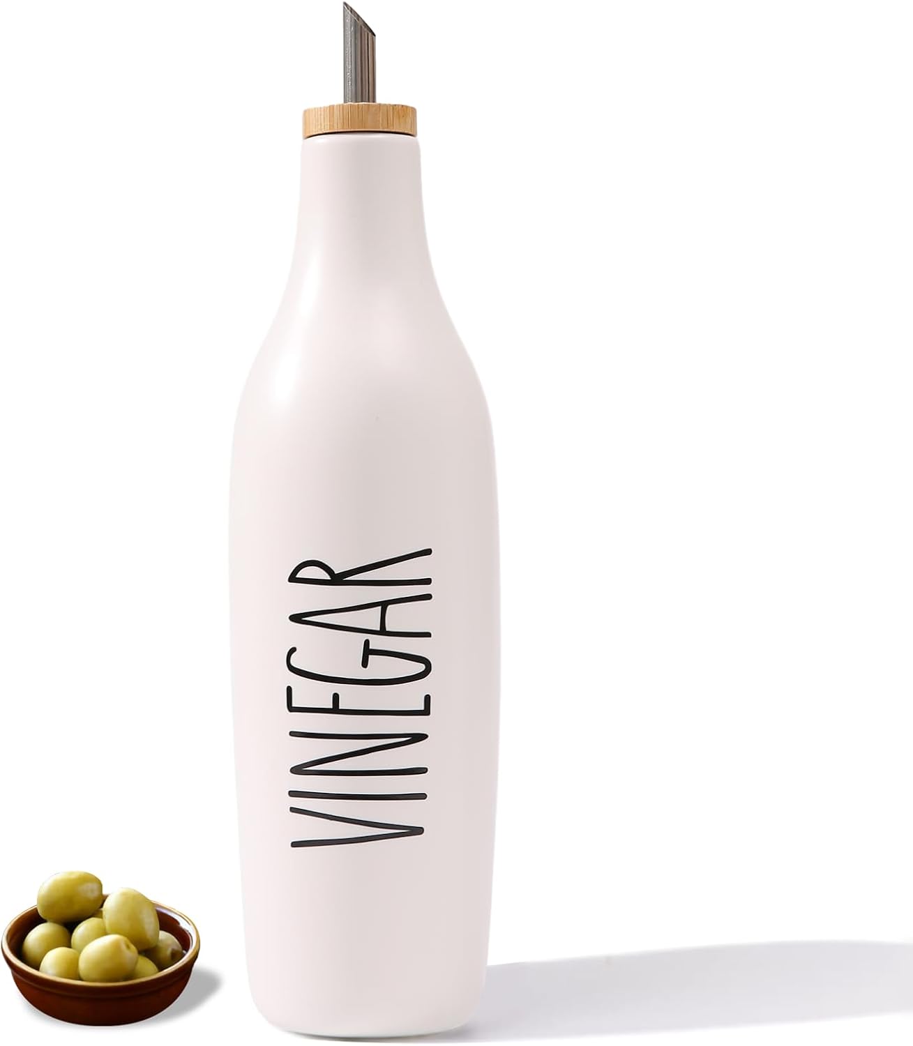 HOMCDALY Ceramic Olive Oil Dispenser for Kitchen, Stoneware 16oz Oil Cruet and Vinegar Bottles Dispenser, Kitchen Dispenser Bottle for EVOO Vinegar Syrups, Modern Farmhouse Design(W-O)