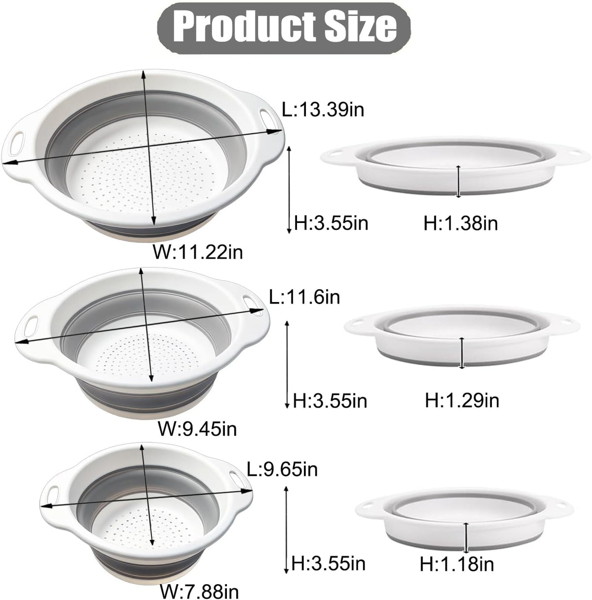 Collapsible Colanders Food Strainers, 3-Pack Foldable Kitchen Strainers with Over-Sink Water Draining Tray, Space Saving Kitchen Drainer for Vegetables, Fruit, Pasta and Rice (White-Gray)