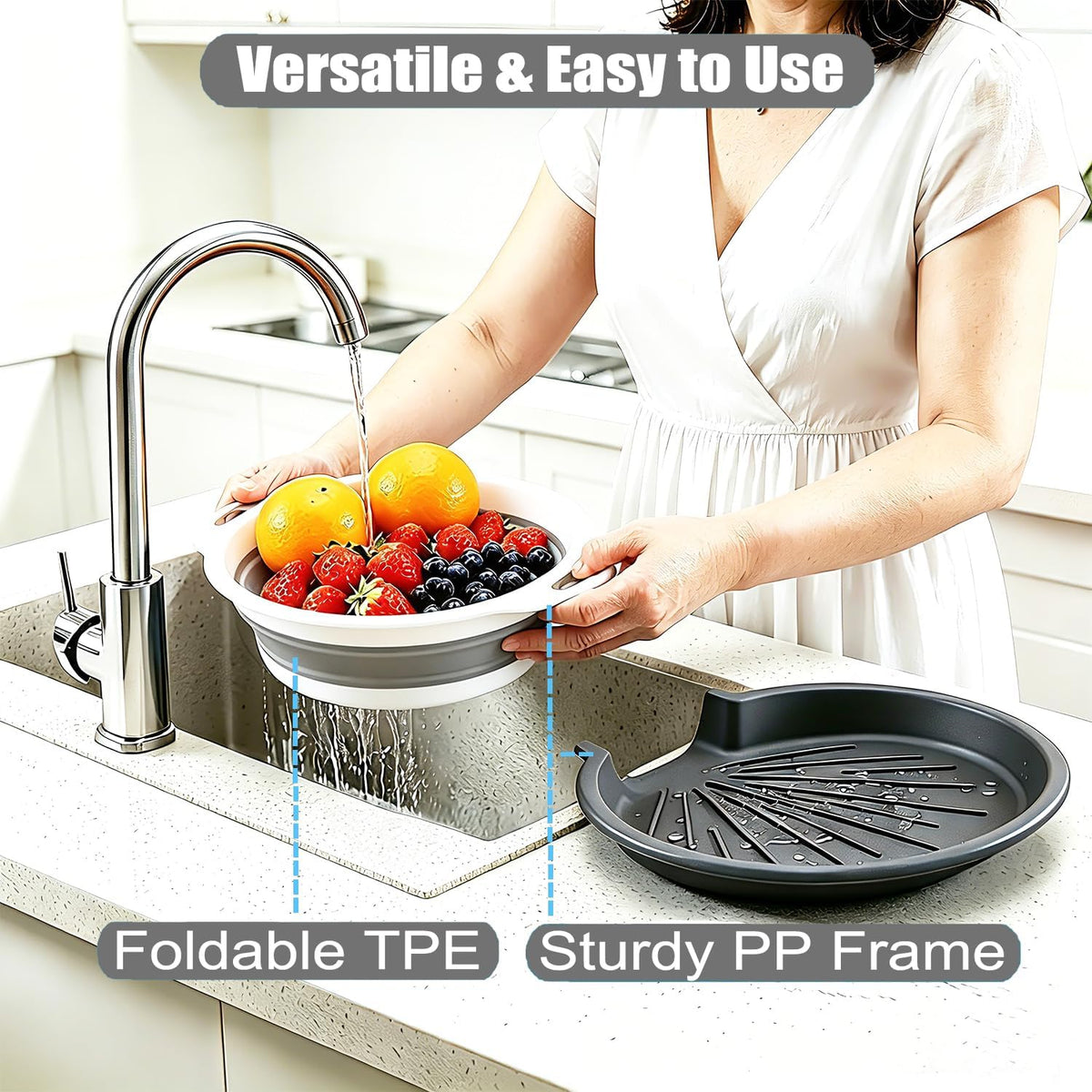Collapsible Colanders Food Strainers, 3-Pack Foldable Kitchen Strainers with Over-Sink Water Draining Tray, Space Saving Kitchen Drainer for Vegetables, Fruit, Pasta and Rice (White-Gray)