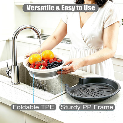 Collapsible Colanders Food Strainers, 3-Pack Foldable Kitchen Strainers with Over-Sink Water Draining Tray, Space Saving Kitchen Drainer for Vegetables, Fruit, Pasta and Rice (White-Gray)