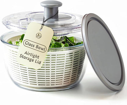 Glass Salad Spinner with Airtight Lid - BPA-Free - Easy Pump Lettuce Spinner Washer | Fruit Washing Bowl with Strainer | Vegetable Cleaner | Large Capacity Borosilicate Glass, 6.22 Quart
