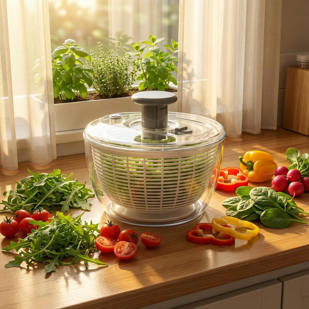 Glass Salad Spinner with Airtight Lid - BPA-Free - Easy Pump Lettuce Spinner Washer | Fruit Washing Bowl with Strainer | Vegetable Cleaner | Large Capacity Borosilicate Glass, 6.22 Quart