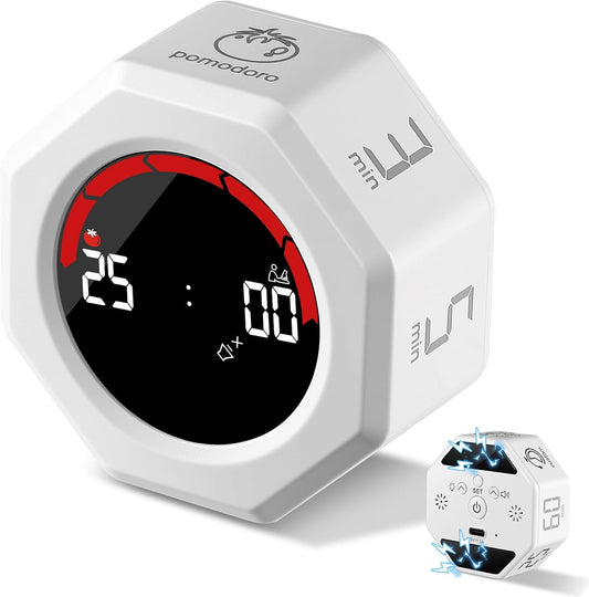 Rechargeable Pomodoro Timer, Magnetic Kitchen Timer for Cooking | 8-Angle Auto-Rotating Screen, 3/5/10/25/30/60min & Custom Countdown, Visual Timer for ADHD, Study, Office