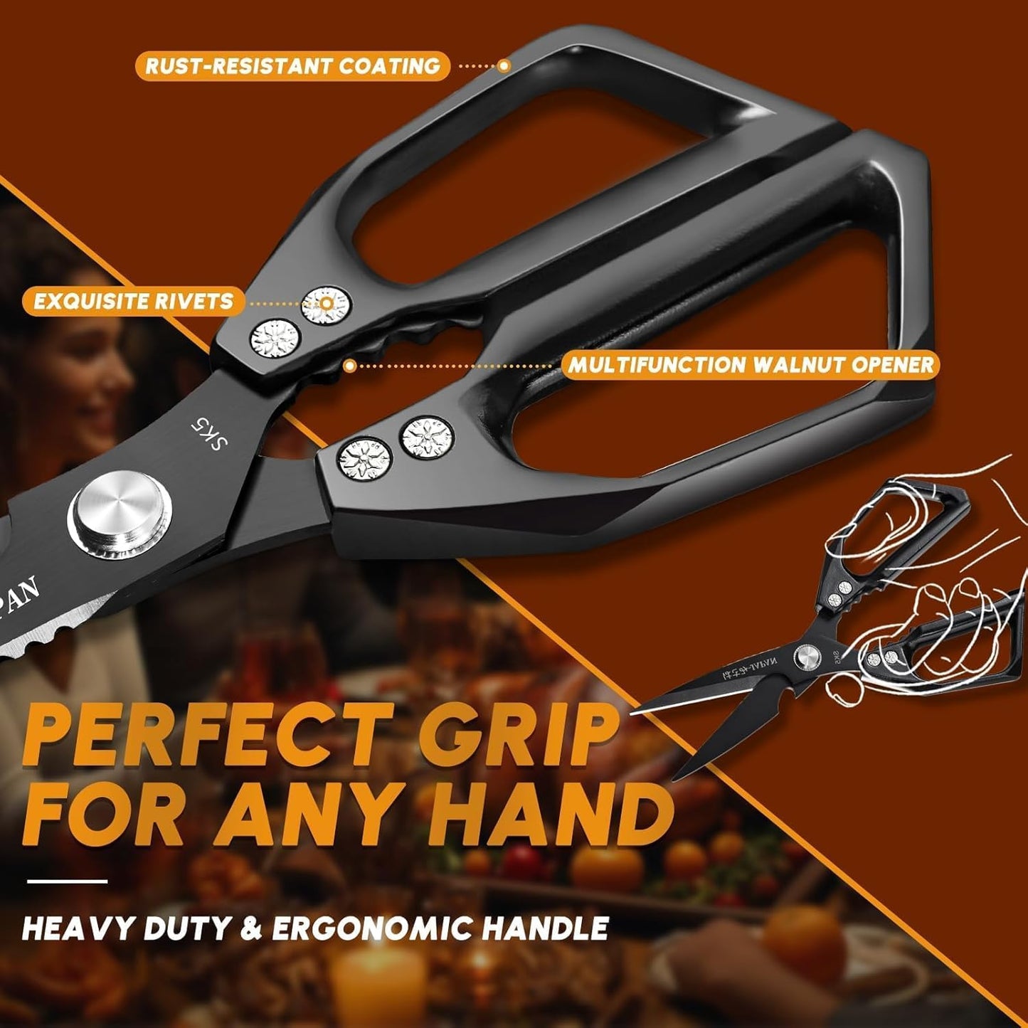 Huusk Kitchen Shears Set, Japanese Steel Kitchen Scissors for Food | Heavy Duty Cooking Scissors all Purpose for Meat, Fish, Vegetables, Chicken Bones, Turkey, Gifts for Women, Non-Slip Handles