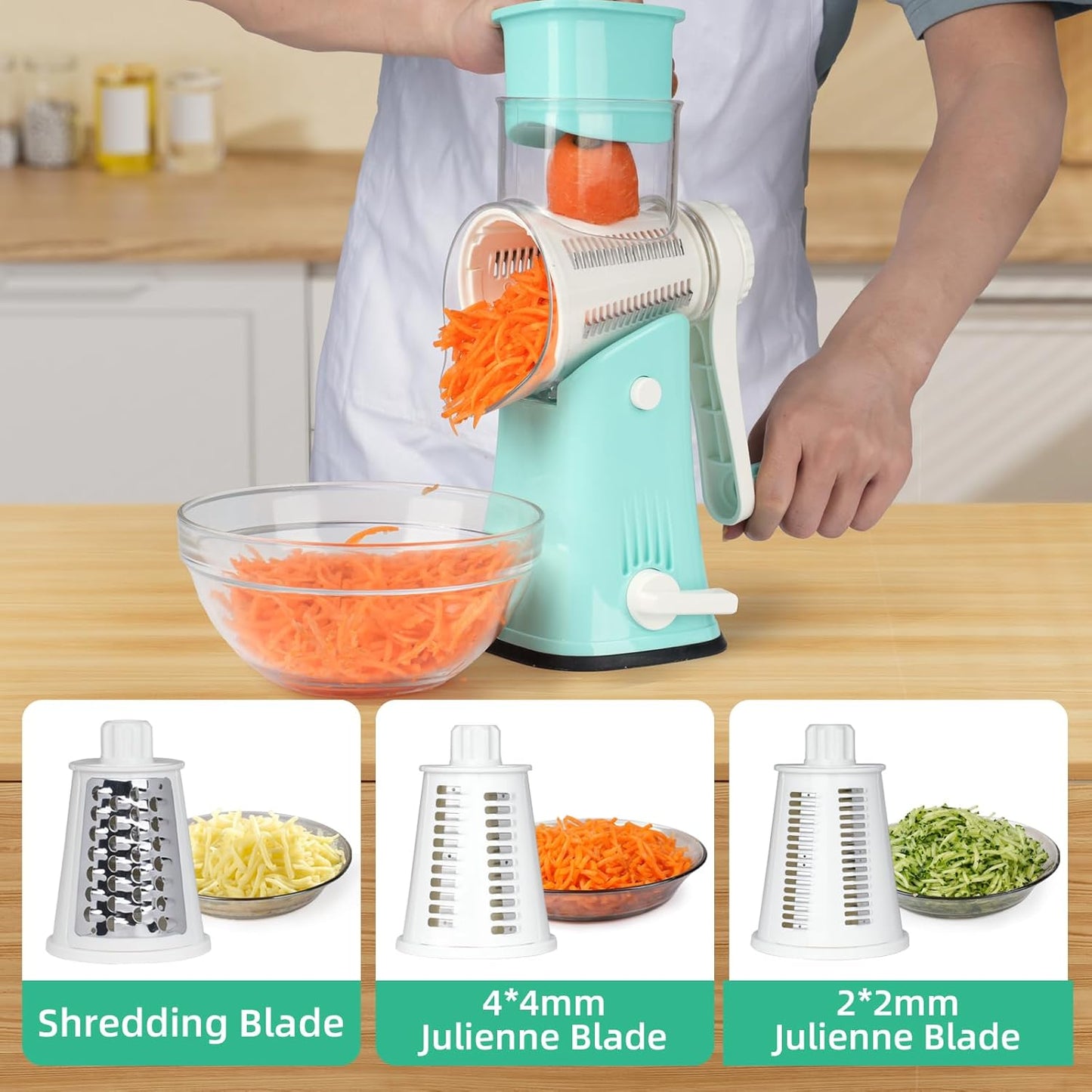 5 in 1 Rotary Cheese Grater, Manual Hand Crank Cheese Grater With Reinforced Suction & 5 Interchangeable Blades, Multifunctional Cheese Shredder, Easy to Use and Clean, Blue