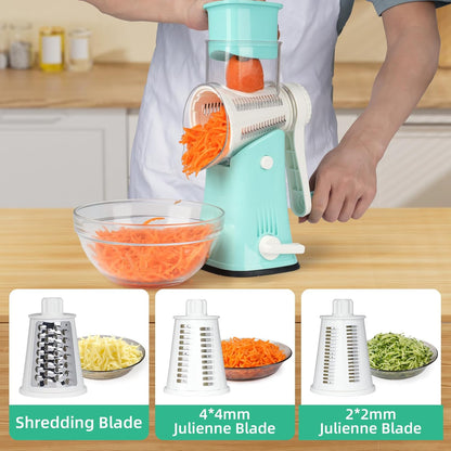 5 in 1 Rotary Cheese Grater, Manual Hand Crank Cheese Grater With Reinforced Suction & 5 Interchangeable Blades, Multifunctional Cheese Shredder, Easy to Use and Clean, Blue
