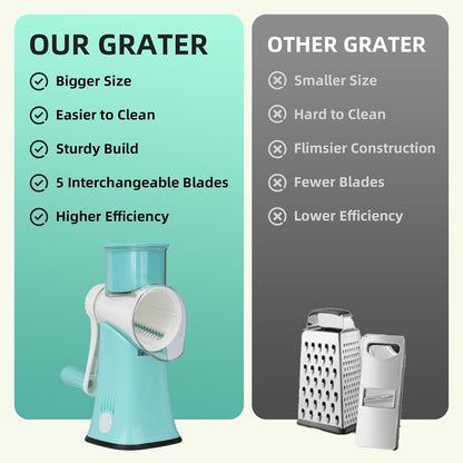 5 in 1 Rotary Cheese Grater, Manual Hand Crank Cheese Grater With Reinforced Suction & 5 Interchangeable Blades, Multifunctional Cheese Shredder, Easy to Use and Clean, Blue