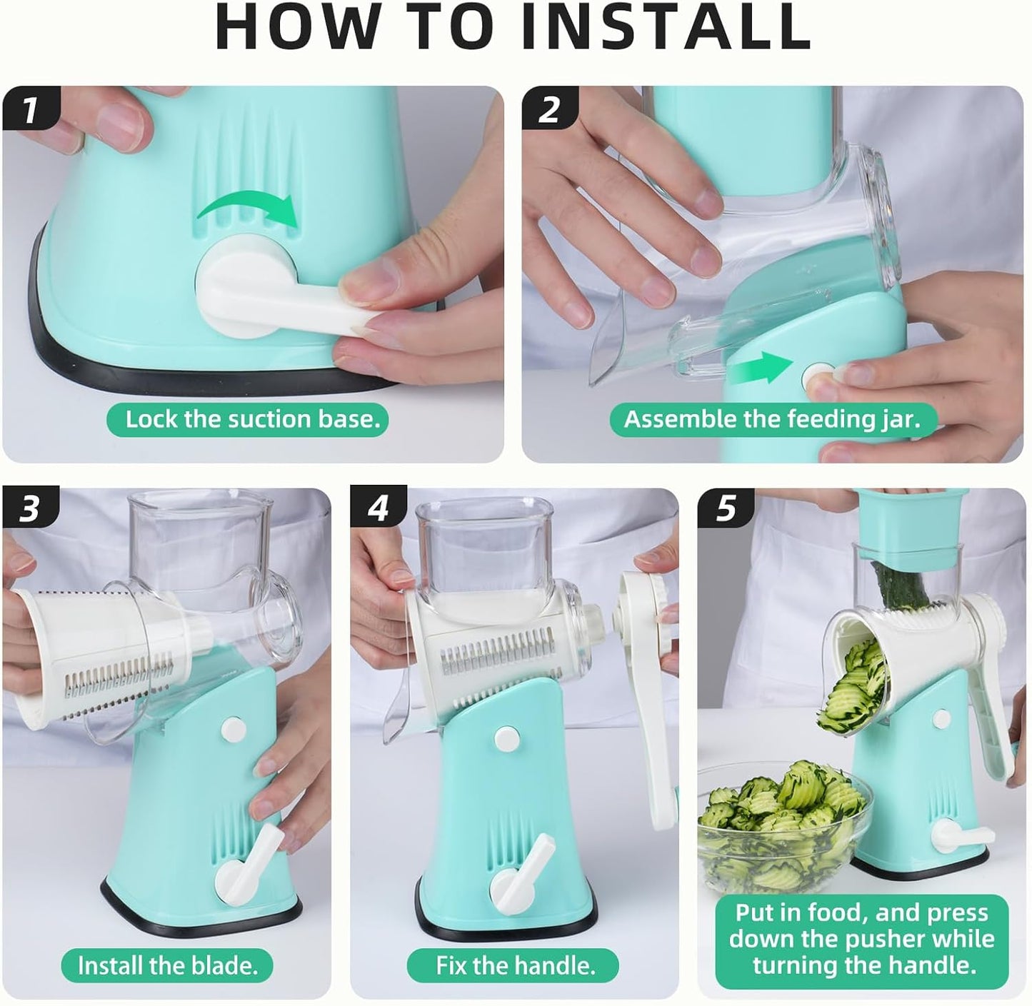 5 in 1 Rotary Cheese Grater, Manual Hand Crank Cheese Grater With Reinforced Suction & 5 Interchangeable Blades, Multifunctional Cheese Shredder, Easy to Use and Clean, Blue