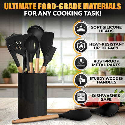 12 Pcs Purple Kitchen Utensils Set with Holder – Versatile Silicone Utensils Set for Cooking and Baking, Gentle on Pots and Pans, Heat-Resistant, Stylish, Easy to Clean, Purple Kitchen Accessories