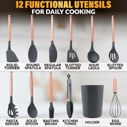 12 Pcs Purple Kitchen Utensils Set with Holder – Versatile Silicone Utensils Set for Cooking and Baking, Gentle on Pots and Pans, Heat-Resistant, Stylish, Easy to Clean, Purple Kitchen Accessories
