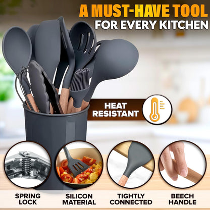 12 Pcs Purple Kitchen Utensils Set with Holder – Versatile Silicone Utensils Set for Cooking and Baking, Gentle on Pots and Pans, Heat-Resistant, Stylish, Easy to Clean, Purple Kitchen Accessories