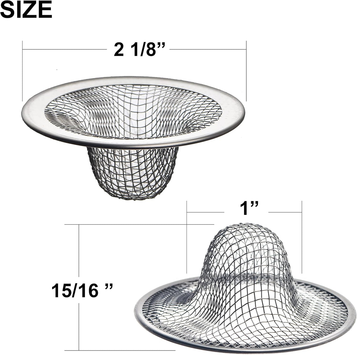 6 Pack - 2.125" Top / 1" Basket- Mesh Sink Drain Strainer Hair Catcher for Bathroom Sink, Utility, Slop, Laundry, RV and Lavatory
