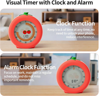 Tomato Visual Timer for Kids, 299 Minute Cute Pomodoro Countdown Timer, Kitchen Cooking Helper Timer with Pause Function, Clock and Alarm, Digital Timer for Classroom, Office and Meetings
