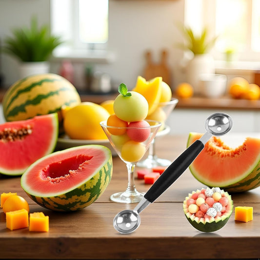 1Pc Black Double-Sided Fruit Melon Baller Spoon 2 in 1 Stainless Steel Melon Ballers Melon Scoop for Watermelon Cantaloupe Icecream Ball,18cm,Fruit and Vegetable Tools,Melon Ballers,Kitchen