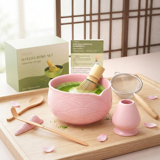 Matcha Kit Whisk Set (7 Pcs) - Complete Matcha Set, Matcha Bowl with Spout, Whisk with Holder, Bamboo Scoop with Rest and Sifter, Perfect Kit for Matcha Lovers (Sakura Pink)