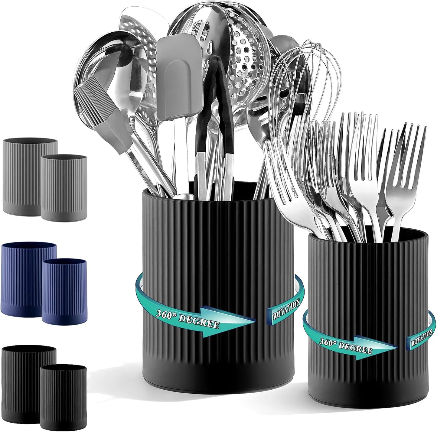 Cooking Utensils Holder 2pcs, 360° Rotating Heavy Duty Plastic Kitchen Utensil Holder for Countertop, The Small Utensil Crock for Cutlery Silverware, Tooth Brush, Desk Pencil Pen