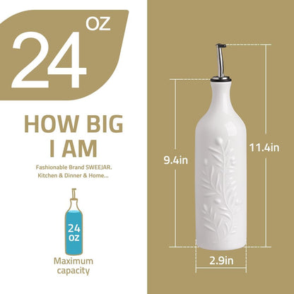 Sweejar Large Olive Oil Dispenser Bottle with Spout, 24 Oz Ceramic Oil Dispenser for Kitchen, Relief Opaque Cruet, Container for Cooking, EVOO, Vinegar, Pack of 1 (Light Blue)