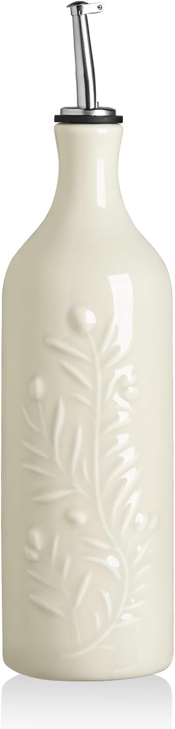 Sweejar Large Olive Oil Dispenser Bottle with Spout, 24 Oz Ceramic Oil Dispenser for Kitchen, Relief Opaque Cruet, Container for Cooking, EVOO, Vinegar, Pack of 1 (Light Blue)