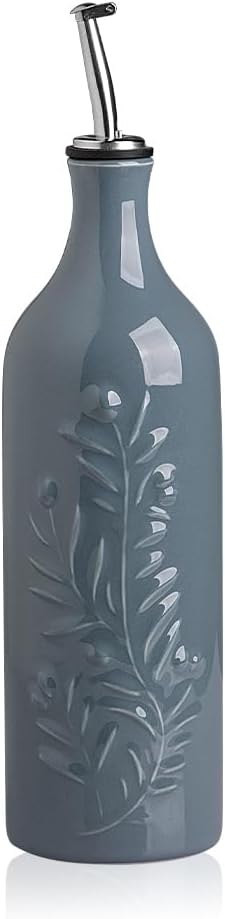 Sweejar Large Olive Oil Dispenser Bottle with Spout, 24 Oz Ceramic Oil Dispenser for Kitchen, Relief Opaque Cruet, Container for Cooking, EVOO, Vinegar, Pack of 1 (Light Blue)
