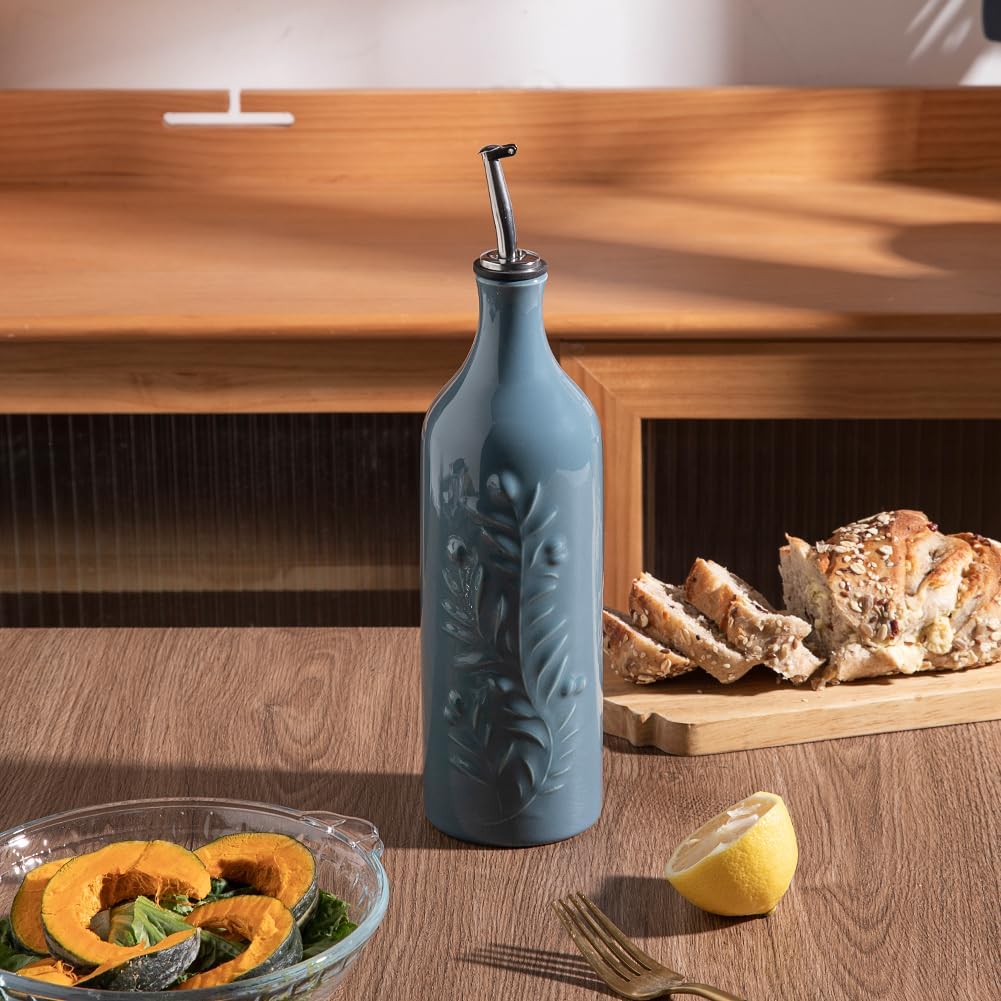 Sweejar Large Olive Oil Dispenser Bottle with Spout, 24 Oz Ceramic Oil Dispenser for Kitchen, Relief Opaque Cruet, Container for Cooking, EVOO, Vinegar, Pack of 1 (Light Blue)