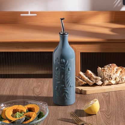 Sweejar Large Olive Oil Dispenser Bottle with Spout, 24 Oz Ceramic Oil Dispenser for Kitchen, Relief Opaque Cruet, Container for Cooking, EVOO, Vinegar, Pack of 1 (Light Blue)